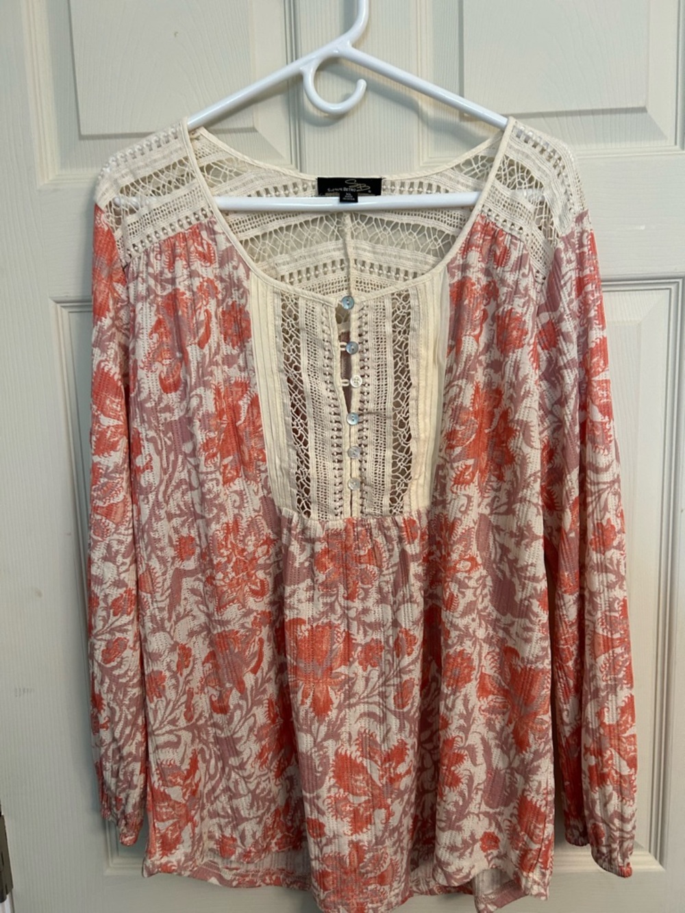 Suzanne Betro XL Crochet Yoke Floral Peasant Top - Cream & Coral